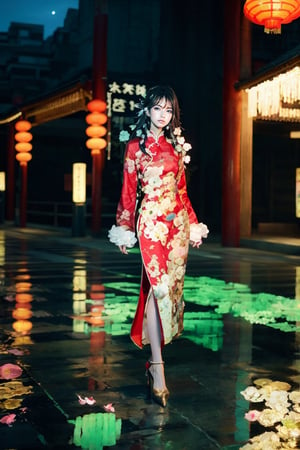 1girl, solo, long hair, smile, black hair, hair ornament, long sleeves, dress, standing, full body, flower, sky, hair flower, black footwear, high heels, petals, night, chinese clothes, red dress, reflection, lantern, dragon, architecture, east asian architecture, paper lantern, eastern dragon, reflective floor,Realistic,Chinese ink painting