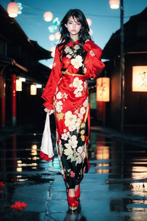 1girl, solo, long hair, smile, black hair, hair ornament, long sleeves, dress, standing, full body, flower, sky, hair flower, black footwear, high heels, petals, night, chinese clothes, red dress, reflection, lantern, dragon, architecture, east asian architecture, paper lantern, eastern dragon, reflective floor,Realistic,Chinese ink painting