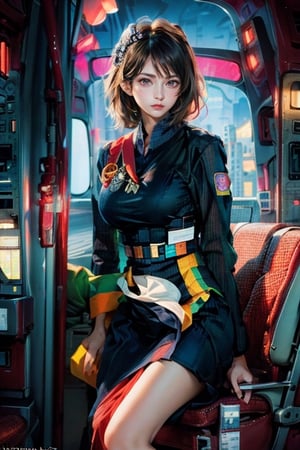 (masterpiece, top quality, best quality, official art, beautiful and aesthetic:1.2), hdr, high contrast, wideshot, 1girl, bun black hair with bangs, look at viewer, light smile, clearly brown eyes, longfade eyebrow, soft make up, ombre lips, hourglass body, large breast, (stewardess theme:1.5), finger detailed, background detailed, ambient lighting, extreme detailed, cinematic shot, realistic ilustration, (soothing tones:1.3), (hyperdetailed:1.2)