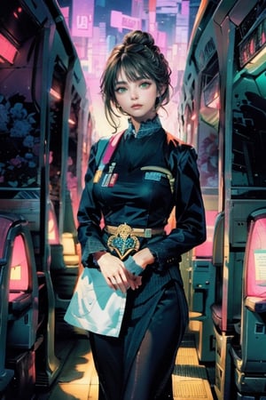 (masterpiece, top quality, best quality, official art, beautiful and aesthetic:1.2), hdr, high contrast, wideshot, 1girl, bun black hair with bangs, look at viewer, light smile, clearly brown eyes, longfade eyebrow, soft make up, ombre lips, hourglass body, large breast, (stewardess theme:1.5), finger detailed, background detailed, ambient lighting, extreme detailed, cinematic shot, realistic ilustration, (soothing tones:1.3), (hyperdetailed:1.2)