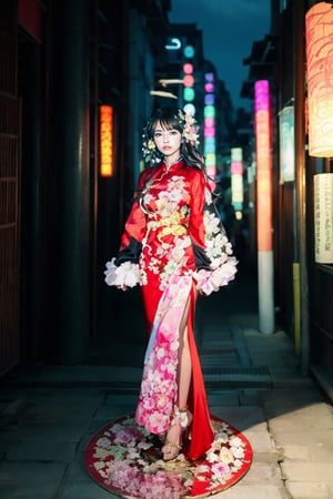 1girl, solo, long hair, smile, black hair, hair ornament, long sleeves, dress, standing, full body, flower, sky, hair flower, black footwear, high heels, petals, night, chinese clothes, red dress, reflection, lantern, dragon, architecture, east asian architecture, paper lantern, eastern dragon, reflective floor,Realistic,Chinese ink painting