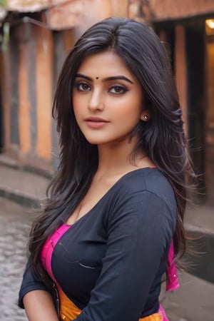 (((full shoot D3vi))) Generate hyper realistic image of indian woman, beautiful cute girl, city girl, 20 years old, (best quality, masterpiece:1.2), (realistic, photo realistic:1.3), UHD, high detail color photo, extremely detailed CG unity 8k wallpaper, sharp focus, cute, Instagram model, long black_hair, colorful hair, warm, dacing, in home sit at bed,