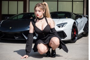 ((32kUltra HDR: 1.5)))(((Canon RF85mm f/1.5, highest quality, portrait, 1 female))), (((Korea, kpop 18-year-old idol: 1.5))), (((long blonde ponytail ))), (((female height 175cm model full body))),(((black high heels))),(((ankle boots, high heel boots, realistic, details))),(((D-CUP Chest Open))), (((Center, eye contact, detailed face,)))
masterpiece,best quality,ultra-detailed,The image shows a woman leaning against a (((Lamborghini car))). She is dressed in a professional yet sophisticated manner, wearing a double-breasted button-down gray knee-length dress with a white collared shirt tucked into it. The dress features a flared skirt that adds a playful touch to her outfit. She accessorizes with a black and white checkered shoulder bag held by a chain strap. Her shoes are black high-heeled ankle boots. Her pose is relaxed, with one hand lightly touching her dress and leaning slightly against the car. The overall impression is that of a confident and sophisticated individual.,dj