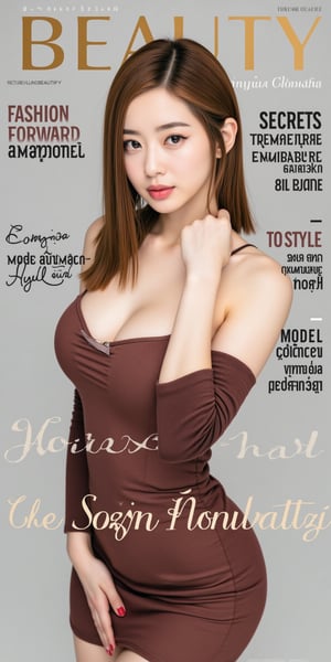 A high-fashion magazine cover featuring a close-up, upper-body shot of a beautiful Japanese female model with an enhanced bust size, confidently posing with elegance. Her sharp yet graceful facial features are highlighted, and she wears a stylish, modern outfit that accentuates her figure while maintaining a sophisticated and polished look. The background is a neutral gray with professional, magazine-quality lighting that enhances her photorealistic skin texture.

Across the cover, bold and stylish magazine text is displayed, including the title in elegant font: **"FuturEvoLab Beauty"** at the top. Other headlines include:
- **"Fashion Forward: The Future of Elegance"**
- **"Secrets to Confidence and Style"**
- **"Model of the Year: Embracing Allure and Power"**

The overall composition combines high-end fashion photography with captivating headlines that frame the model’s pose, drawing attention to her beauty and presence. The cover reflects sophistication, confidence, and modern fashion, with the FuturEvoLabBeautify aesthetic enhancing the visual impact.