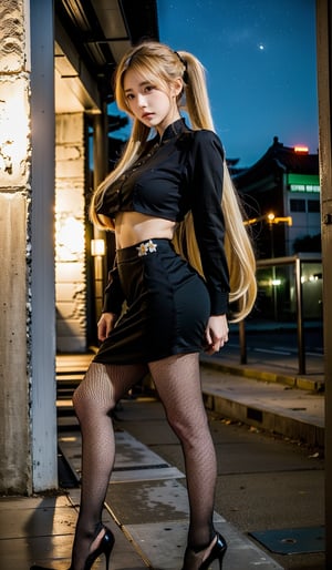  (((32k UHD)))(((Canon RF85mm f/1.5, highest quality, portrait, 1 female)), (((Korea, kpop 20 year old idol: 1.5))), (((long blonde ponytail ))), (((female height 175cm model full body))),((black high heels)))
Dynamic pose, masterpiece, highest resolution, high resolution, 32k, 1 girl, solo, 23-year-old beauty, exquisite features, cool, ((long white ponytail)), 
realistic, RAW photo, dslr, film grain, Fujifilm XT3, night shot, 1girl, goddess women,curly hair, long hair, silver hair,thigh, ([:see-through:4]:1.2) black dress, (floral print:1.2),black pantyhose,(deserted street), Backlit ,Bokeh ,Contrast Filters,(smile:0.8),from side,looking at viewer,