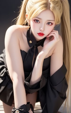 ((32k Super Ultra HDR),(Canon EOS, SIGMA Art lens 105mm F1.5, ISO 2000 Shutter speed 2000, Sharpness: 1.5),(Realistic: 1.5),(Ultra high detail: 1.5) (Blonde ponytail),(Model full body),(Pencil mini skirt),(Black strap high heels Realistic, Detail) And(High heels, Realistic, Detail),(D-CUP chest),(Center, Eye contact, Face detail),(Masterpiece, Realistic, Realistic)) Beautiful(n4t3mm:0.99) woman in black pencil mini skirt like a movie star. Movie premiere gala, woman's hair is tied back in a bun and falls over her shoulders. She is wearing earrings and her lips are painted dark red. (Masterpiece: 1.5), (Reality: 1.5), (Bokeh), (Top Quality), (Skin Detail: 1.5), (Intricate Detail), (Sharp Focus), (Camera View: 1.5), ((Closeup Portrait: 1.5)), (Earrings),

1 Girl ((Black Strappy High Heels)) (Full Body Shot), (Black Pencil Mini Skirt), K-Pop, Idol Long Hair, Brown Ponytail, Looking At Viewer, Female, Skirt, Shirt, Brown Ponytail Hair, Long Sleeves, Standing, Jacket, White Shirt, Boots, Tie, (Black Strappy High Heels) Black Pencil Mini Skirt, Black Suit, Hands On Hips, Full Body Shot, Knee Highs, K-Pop Idol Suit, Crossing Legs, Black Tie, Pencil Skirt, Realistic, Skirt, Pencil Mini Skirt, Black Strappy High Heels, Beauty Legs,sailor senshi uniform, tsukino usagi,blonde hair,long hair,double bun,blue eyes