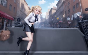 ((32k Super Ultra HDR),(Canon EOS, SIGMA Art lens 105mm F1.5, ISO 2000 Shutter Speed ​​2000, Vivid),(Realistic:1.5), (Ultra High Detail: 1.3) (Blonde Ponytail) ,(model full body),(white & black micro mini skirts),(black strap high heels  realistic, detail & black high heel angle boots, realistic,detail),(D-CUP chest) (Masterpiece, Real Life, Realistic))

((city street background), (buildings), (cars), (people)), Public RAW image of a young female K-pop idol from South Korea. She is wearing a school girl uniform, while the 1girl girl is wearing an office uniform (black blazer, white collared shirt, black tie, black miniskirt). Her blonde hair is tied in a ponytail, adding texture to her face. There is an office in the background. She is posing cool. A subtle smile appears on her face (smiling expression), The modern school uniform of blazer and miniskirt suggests an environment where such an outfit might be appropriate or trendy. The uniform design consists of a pleated miniskirt and a blazer with buttons down the front, creating a formal style. Accessories, a bow tie, and a (Chanel) purse add a young and sophisticated feel to her outfit. She is posing dizzy.  black high heel angle boots, realistic,detail, officelady123, 1girl