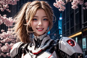Masterpiece, High quality, 64K, Unity 64K Wallpaper, HDR, Best Quality, RAW, Super Fine Photography, Super High Resolution, Super Detailed, 
Beautiful and Aesthetic, Stunningly beautiful, Perfect proportions, 
1girl, Solo, White skin, Detailed skin, Realistic skin details, 
Futuristic Mecha, Arms Mecha, Dynamic pose, Battle stance, Swaying hair, by FuturEvoLab, 
Dark City Night, Cyberpunk City, Cyberpunk architecture, Future architecture, Fine architecture, Accurate architectural structure, Detailed complex busy background, Gorgeous, Cherry blossoms, ((Depth of field)), 
Sharp focus, Perfect facial features, Pure and pretty, Perfect eyes, Lively eyes, Elegant face, Delicate face, Exquisite face, 