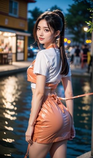 Prompt: (((32K CG, UHD, detailed view))),()(Full-length))),(((full body:1.3))) (RAW photo, best quality), (realistic),photo, masterpiece, 1girl, ponytail, looking at viewer, hoodies, jacket, shorts, at night outdoor, harbor, street, full body, (light smile:0.7),blush, long shot,photorealistic,Secretary_uniform,white_shirt,black_leather_skirt,black_stockings