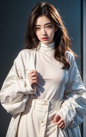 (Realistic, Photorealistic: 1.37), labcoat, white coat, K-Pop idol, ((highest quality)), ((intricate details)), ((surrealistic)), absurd resolution, 18 years old, young , sexy woman, point view, highly detailed illustration, one girl, medium breasted, perfect hands, detailed fingers, beautifully detailed eyes, medium long hair, brown eyes, (turtleneck: 1.2), tight skirt, Detailed background, choker, perfect eyes, enchanting eyes, looking. Viewed from the front,huowu