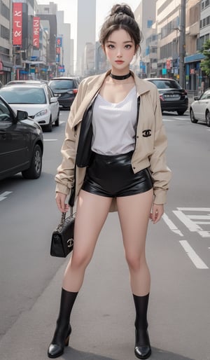 Masterpiece, high quality, blonde ponytail, aesthetic full body photo, pores and details, complex and detailed, elegant and beautiful texture, RAW photo, 32K, pleasant streets of Gangnam, Korea, centered around an 18-year-old girl, elegant girl, beautiful face, detailed eyes , dark brown medium hair, moist lips, newspaper choker, thin thighs, open chest, dress, (((Chanel))) hand bag, walking, extreme reality, secretary_micro uniform
 (((32K CG, UHD, detailed view))),()(Full-length))),(((full body:1.3))) (RAW photo, best quality), (realistic),photo, masterpiece, 1girl, ponytail, looking at viewer, hoodies, jacket, shorts, at night outdoor, harbor, street, full body, (light smile:0.7),blush, long shot,photorealistic,Secretary_uniform,white_shirt,black_leather_skirt,black_stockings,Korean