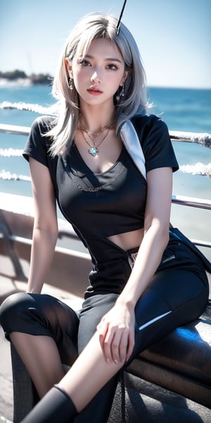 French girl,grey blonde hair(very long hair, curly_hair),hiphop dancer,wearing all black clothes (loose fit top and wide cargo pants),sneakers,headphone, sitting at sea bank,horizon,seaside,accessories(necklace,ear_rings),Best Quality, 32k, photorealistic, ultra-detailed, finely detailed, high resolution, perfect dynamic composition, beautiful detailed eyes, sharp-focus, cowboy_shot, 