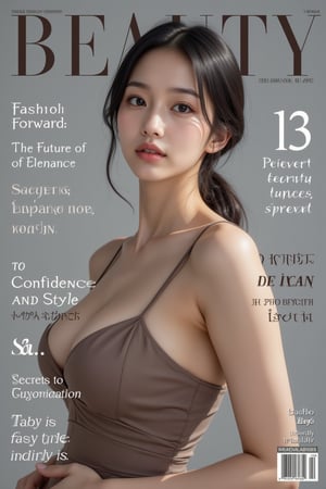 A high-fashion magazine cover featuring a close-up, upper-body shot of a beautiful Japanese female model with an enhanced bust size, confidently posing with elegance. Her sharp yet graceful facial features are highlighted, and she wears a stylish, modern outfit that accentuates her figure while maintaining a sophisticated and polished look. The background is a neutral gray with professional, magazine-quality lighting that enhances her photorealistic skin texture.

Across the cover, bold and stylish magazine text is displayed, including the title in elegant font: **"FuturEvoLab Beauty"** at the top. Other headlines include:
- **"Fashion Forward: The Future of Elegance"**
- **"Secrets to Confidence and Style"**
- **"Model of the Year: Embracing Allure and Power"**

The overall composition combines high-end fashion photography with captivating headlines that frame the model’s pose, drawing attention to her beauty and presence. The cover reflects sophistication, confidence, and modern fashion, with the FuturEvoLabBeautify aesthetic enhancing the visual impact.