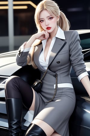 ((32kUltra HDR: 1.5)))(((Canon RF85mm f/1.5, highest quality, portrait, 1 female))), (((Korea, kpop 18-year-old idol: 1.5))), (((long blonde ponytail ))), (((female height 175cm model full body))),(((black high heels))),(((ankle boots, high heel boots, realistic, details))),(((D-CUP Chest Open))), (((Center, eye contact, detailed face,)))
A masterpiece, top quality, highly detailed image shows a woman leaning against (((Lamborghini car))). She is dressed in a professional yet sophisticated style, wearing a double-breasted button-down gray knee-length dress with a white collared shirt tucked in. This dress with a flared skirt adds a cheerful feel to her outfit. She accessorized with a black and white checked (((Chanel))) shoulder bag secured with a chain strap. Her shoes are black high heel ankle boots. She strikes a leisurely pose, lightly touching her dress with one hand and leaning slightly against her car. Her overall impression is one of confidence and sophistication.