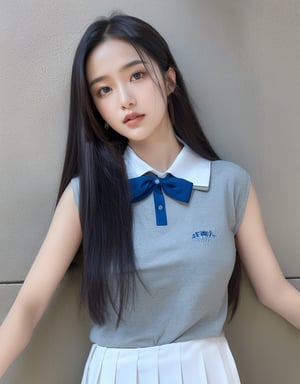 high school student,16 yo,girl,very long hair, straight hair,silver hair,wearing school uniform,she is folding arms and leaning agaist the wall,Best Quality, 32k, photorealistic, ultra-detailed, finely detailed, high resolution, perfect dynamic composition, beautiful detailed eyes, sharp-focus, cowboy shot,