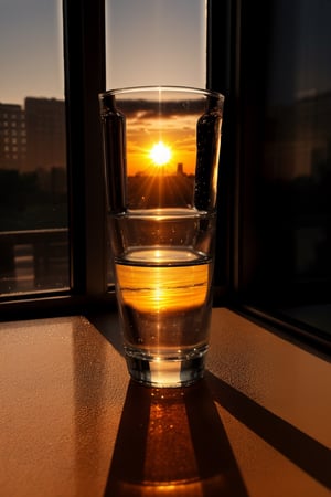 a glass of water, empty (focused glass) on the edge of a window, (glass window), reflection of sunlight, (sunrise), (detailed background) urban, You can see the sun through the glass, best quality, masterpiece, ultra detailed, realistic, photorealistic.