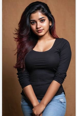 RAW full body of beautiful face,hair coloure,skeb commission,(medium), black colour shirt_only,tatoo,medium_breasts,alpha_layer, Nisha pstel, 22 years-old indian girl at  studio ,