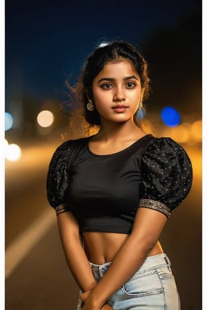  full body of beautiful face,hair golden colour,clothes, This image aims to capture a high level of realism, akin to a photograph taken with a Hasselblad camera. black colour croptop,short_puffy_sleeves ,Nisha pstel, 22 years-old indian at road,night