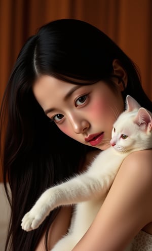 (ultra realistic,32k, masterpiece:1.2),(high detailed skin:1.1),( high quality:1.1), (masterpiece, best quality),Pop surrealism art style. portrait, a beautiful woman with black hair cuddling a sleek white cat. The woman's face is illuminated by a soft, warm light, emphasizing her facial features with a golden glow. The background is dominated by rich earth tones, zaya, full body,(face close-up:1.4), (looking at viewer, upper body) ((dystopic )) ((lleg open)) ((standing)) ((combat ready)) ((rainy playground)) ((sittting)) (( serafuku)) ,jisosmile,ct-identity