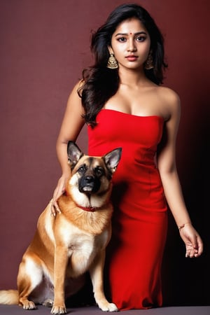  full body of beautiful face,hair golden colour,clothes, This image aims to capture a high level of realism, akin to a photograph taken with a Hasselblad camera. Red colour dress,Nisha pstel, 22 years-old indian at studio,medium_breasts,deep_naval,dog_pose