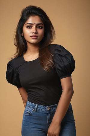  full body of beautiful face,hair golden colour,clothes, This image aims to capture a high level of realism, akin to a photograph taken with a Hasselblad camera. Black colour,naked_shirt,short_puffy_sleeves ,Nisha pstel, 22 years-old indian at studio 