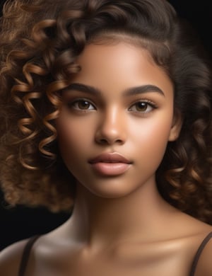 Create a captivating realistic artwork portraying a 16-year-old Brazilian girl. Pay meticulous attention to detail, capturing the caramel skin tone and her tightly coiled, closely-knit curls. The composition should be a close-up of her face, emphasizing the unique texture of her hair and the rich features of her complexion. Employ a realistic style to convey the subtleties of her expression, ensuring a lifelike and expressive representation.

