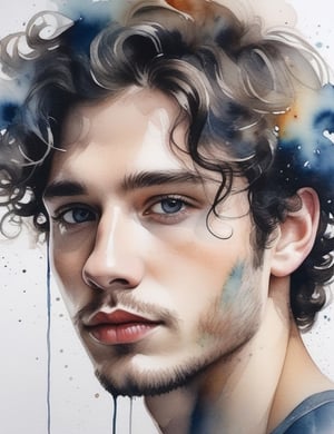 Create a mesmerizing watercolor artwork on canvas, portraying a 30-year-old man from Russia with fair skin and wavy, well-defined curls, with a close-up of his face. Intricately capture details using the watercolor medium on canvas. Draw inspiration from the watercolor works of Agnes Cecile, the watercolor paintings of Anna Armona, and the watercolor on canvas technique of Tilen Ti. Craft a superior watercolor artwork that seamlessly blends these influences into an outstanding portrayal.

