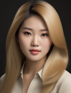 Create a captivating realistic artwork portraying a 20-year-old Asian girl. Pay meticulous attention to detail, capturing her fair skin tone and the sleek, closely-knit blonde hair. The composition should be a close-up of her face, emphasizing the unique texture of her straight hair and the delicate features of her complexion. Employ a realistic style to convey the subtleties of her expression, ensuring a lifelike and expressive representation.

