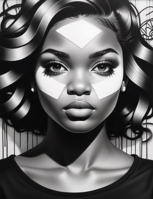 
Create a striking black and white graffiti artwork on a wall, portraying a 19-year-old girl from South Africa with dark skin and short, tightly curled hair, with a close-up of her face. Intricately capture details using the black and white graffiti style on the wall. Draw inspiration from the wall art of Faith47, the graffiti works of DALeast, and the wall graffiti technique of Karabo Poppy. Craft a superior graffiti artwork that seamlessly blends these influences into an outstanding portrayal.

