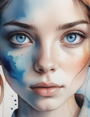 Create a mesmerizing watercolor artwork portraying a 20-year-old woman from Serbia with fair skin, straight, well-defined hair, and blue eyes, with a close-up of her face. Intricately capture details using the watercolor medium, drawing inspiration from the watercolor works of Agnes Cecile, the watercolor paintings of Anna Armona, and the watercolor technique of Tilen Ti. Craft a superior watercolor artwork that seamlessly blends these influences into an outstanding portrayal.

