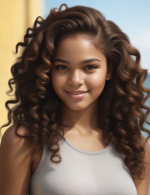 Create a captivating realistic artwork portraying a 16-year-old Brazilian girl. Pay meticulous attention to detail, capturing the caramel skin tone and her tightly coiled, closely-knit curls. The composition should be a close-up of her face, emphasizing the unique texture of her hair and the rich features of her complexion. Employ a realistic style to convey the subtleties of her expression, ensuring a lifelike and expressive representation.

