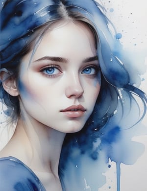 Create a mesmerizing watercolor artwork portraying a 20-year-old woman from Serbia with fair skin, straight, well-defined hair, and blue eyes, with a close-up of her face. Intricately capture details using the watercolor medium, drawing inspiration from the watercolor works of Agnes Cecile, the watercolor paintings of Anna Armona, and the watercolor technique of Tilen Ti. Craft a superior watercolor artwork that seamlessly blends these influences into an outstanding portrayal.

