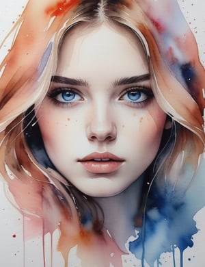 Create a mesmerizing watercolor artwork portraying a 20-year-old woman from Serbia with fair skin, straight, well-defined hair, and blue eyes, with a close-up of her face. Intricately capture details using the watercolor medium, drawing inspiration from the watercolor works of Agnes Cecile, the watercolor paintings of Anna Armona, and the watercolor technique of Tilen Ti. Craft a superior watercolor artwork that seamlessly blends these influences into an outstanding portrayal.

