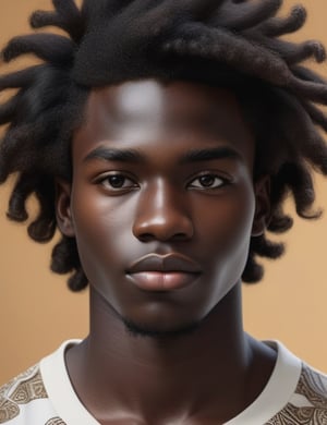 Create a highly detailed, realistic portrait of a 17-year-old African man with deep black skin, wavy and voluminous hair. The focus is a close-up of his face, capturing every intricate detail. Ensure the realism is top-notch, emphasizing the unique features that make his appearance distinctive.

