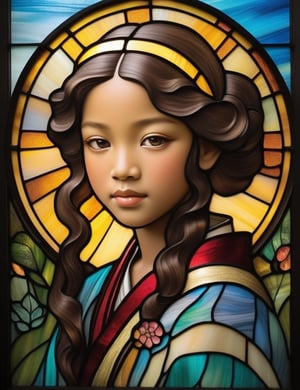 Create a captivating stained glass artwork portraying a 12-year-old girl of Oriental descent with caramel skin and tightly curled hair, with a close-up of her face. Intricately capture details using the stained glass medium, drawing inspiration from the stained glass art of Tiffany Studios, the stained glass windows of Louis Comfort Tiffany, and the stained glass technique of Japonisme. Craft a superior stained glass artwork that seamlessly blends these influences into an outstanding portrayal.

