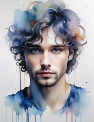 Create a mesmerizing watercolor artwork on canvas, portraying a 30-year-old man from Russia with fair skin and wavy, well-defined curls, with a close-up of his face. Intricately capture details using the watercolor medium on canvas. Draw inspiration from the watercolor works of Agnes Cecile, the watercolor paintings of Anna Armona, and the watercolor on canvas technique of Tilen Ti. Craft a superior watercolor artwork that seamlessly blends these influences into an outstanding portrayal.

