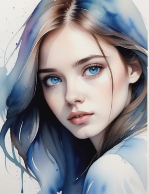 Create a mesmerizing watercolor artwork portraying a 20-year-old woman from Serbia with fair skin, straight, well-defined hair, and blue eyes, with a close-up of her face. Intricately capture details using the watercolor medium, drawing inspiration from the watercolor works of Agnes Cecile, the watercolor paintings of Anna Armona, and the watercolor technique of Tilen Ti. Craft a superior watercolor artwork that seamlessly blends these influences into an outstanding portrayal.

