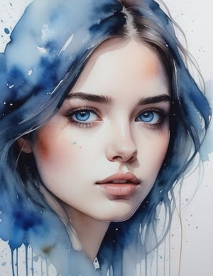 Create a mesmerizing watercolor artwork portraying a 20-year-old woman from Serbia with fair skin, straight, well-defined hair, and blue eyes, with a close-up of her face. Intricately capture details using the watercolor medium, drawing inspiration from the watercolor works of Agnes Cecile, the watercolor paintings of Anna Armona, and the watercolor technique of Tilen Ti. Craft a superior watercolor artwork that seamlessly blends these influences into an outstanding portrayal.

