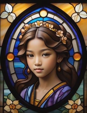 Create a captivating stained glass artwork portraying a 12-year-old girl of Oriental descent with caramel skin and tightly curled hair, with a close-up of her face. Intricately capture details using the stained glass medium, drawing inspiration from the stained glass art of Tiffany Studios, the stained glass windows of Louis Comfort Tiffany, and the stained glass technique of Japonisme. Craft a superior stained glass artwork that seamlessly blends these influences into an outstanding portrayal.

