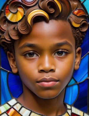 Create an intricate stained glass window artwork portraying a 15-year-old Nigerian boy with caramel skin and tightly curled, short hair. The focus is on a close-up of his face. Use the vibrant colors and delicate lines typical of stained glass to intricately capture every detail. Craft a superior stained glass piece that elegantly showcases the unique features of his appearance.

