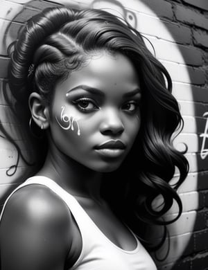 
Create a striking black and white graffiti artwork on a wall, portraying a 19-year-old girl from South Africa with dark skin and short, tightly curled hair, with a close-up of her face. Intricately capture details using the black and white graffiti style on the wall. Draw inspiration from the wall art of Faith47, the graffiti works of DALeast, and the wall graffiti technique of Karabo Poppy. Craft a superior graffiti artwork that seamlessly blends these influences into an outstanding portrayal.

