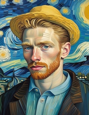 Create a captivating artwork in the style of Vincent van Gogh, portraying a 24-year-old man from Switzerland with fair skin and short, straight, blonde hair, with a close-up of his face. Intricately capture details using the van Gogh style, drawing inspiration from the works of Vincent van Gogh, the van Gogh-style paintings of Jean-Michel Basquiat, and the brushstroke technique of van Gogh by Henri Edmond Cross. Craft a superior van Gogh-style artwork that seamlessly blends these influences into an outstanding portrayal.

