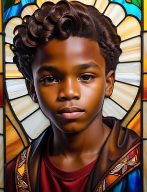 Create an intricate stained glass window artwork portraying a 15-year-old Nigerian boy with caramel skin and tightly curled, short hair. The focus is on a close-up of his face. Use the vibrant colors and delicate lines typical of stained glass to intricately capture every detail. Craft a superior stained glass piece that elegantly showcases the unique features of his appearance.

