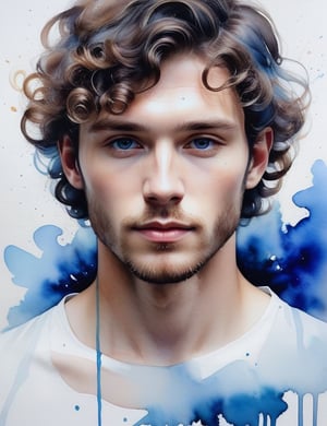 Create a mesmerizing watercolor artwork on canvas, portraying a 30-year-old man from Russia with fair skin and wavy, well-defined curls, with a close-up of his face. Intricately capture details using the watercolor medium on canvas. Draw inspiration from the watercolor works of Agnes Cecile, the watercolor paintings of Anna Armona, and the watercolor on canvas technique of Tilen Ti. Craft a superior watercolor artwork that seamlessly blends these influences into an outstanding portrayal.

