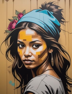 Create a striking urban art piece portraying a 30-year-old woman from the Amazon with caramel skin and straight, slightly wavy hair, with a close-up of her face. Intricately capture details using the urban art style, drawing inspiration from the urban art of Banksy, the urban murals of Os Gêmeos, and the urban art technique of Swoon. Craft a superior urban art piece that seamlessly blends these influences into an outstanding portrayal.

