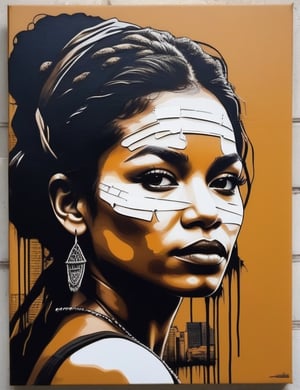 Create a striking urban art piece portraying a 30-year-old woman from the Amazon with caramel skin and straight, slightly wavy hair, with a close-up of her face. Intricately capture details using the urban art style, drawing inspiration from the urban art of Banksy, the urban murals of Os Gêmeos, and the urban art technique of Swoon. Craft a superior urban art piece that seamlessly blends these influences into an outstanding portrayal.

