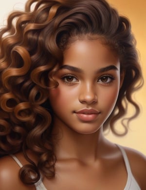 Create a captivating realistic artwork portraying a 16-year-old Brazilian girl. Pay meticulous attention to detail, capturing the caramel skin tone and her tightly coiled, closely-knit curls. The composition should be a close-up of her face, emphasizing the unique texture of her hair and the rich features of her complexion. Employ a realistic style to convey the subtleties of her expression, ensuring a lifelike and expressive representation.

