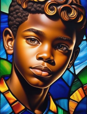 Create an intricate stained glass window artwork portraying a 15-year-old Nigerian boy with caramel skin and tightly curled, short hair. The focus is on a close-up of his face. Use the vibrant colors and delicate lines typical of stained glass to intricately capture every detail. Craft a superior stained glass piece that elegantly showcases the unique features of his appearance.

