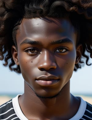 Create a highly detailed, realistic portrait of a 17-year-old African man with deep black skin, wavy and voluminous hair. The focus is a close-up of his face, capturing every intricate detail. Ensure the realism is top-notch, emphasizing the unique features that make his appearance distinctive.

