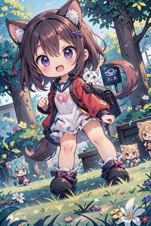 ((anime chibi style)), cute looking kitten with adorable eyes in the park, dynamic angle, depth of field,1girl